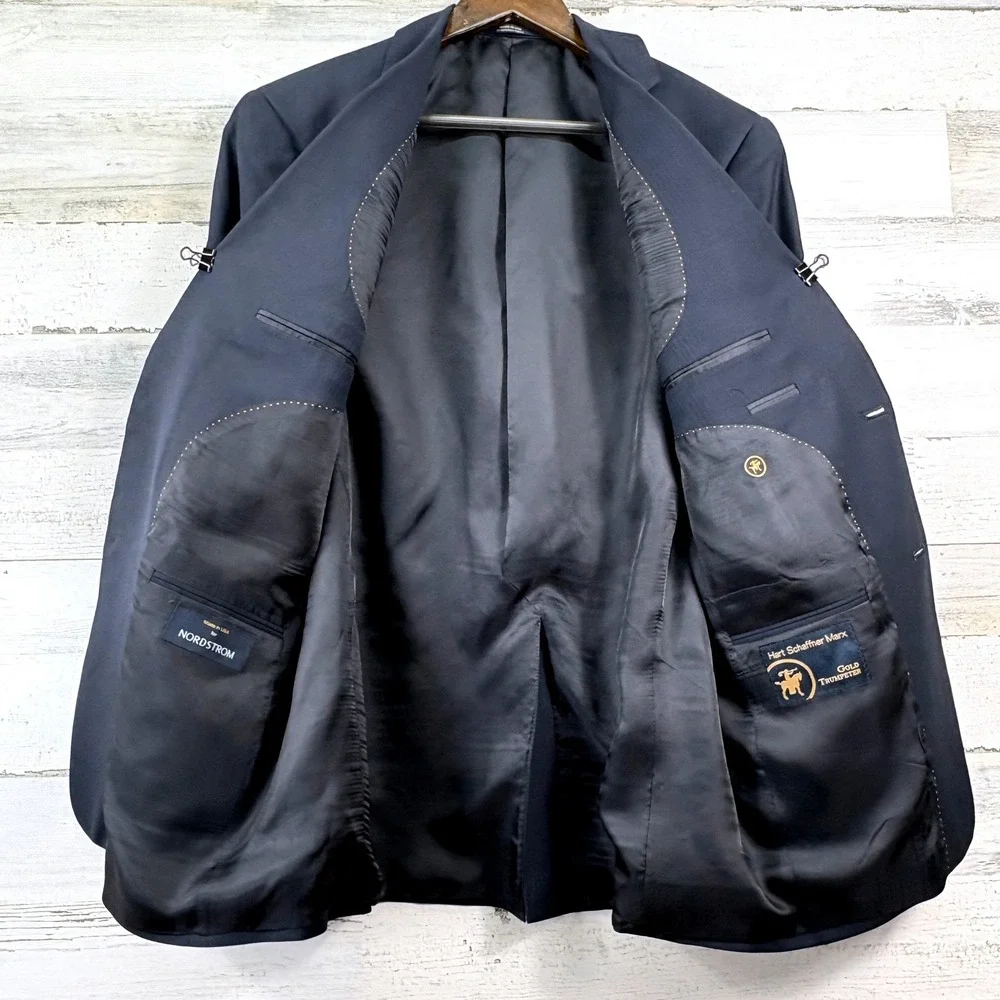 Hart Schaffner Marx Blazer Mens 42R Navy Blue Gold Trumpeter Nordstrom Old Money
